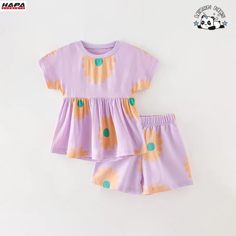 LEZONKIDS - New Arrivals Children Short Sleeve Shorts with Round Neck Flowers Print Sets for Children